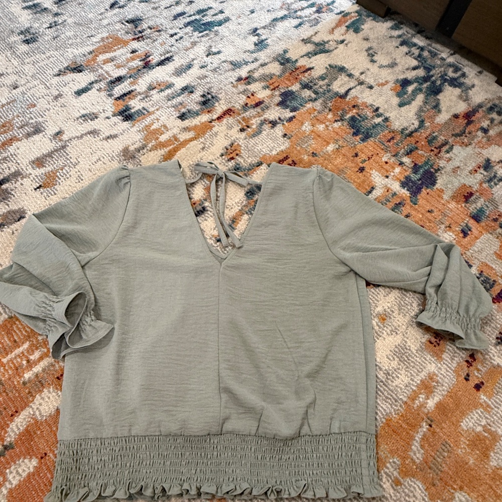 V Neck Tie Back Blouse Maurices soft green long sleeve dressy top elastic waist - Picture 6 of 8